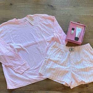 Victoria's Secret Light Pink striped flannel short set & Tease giftset